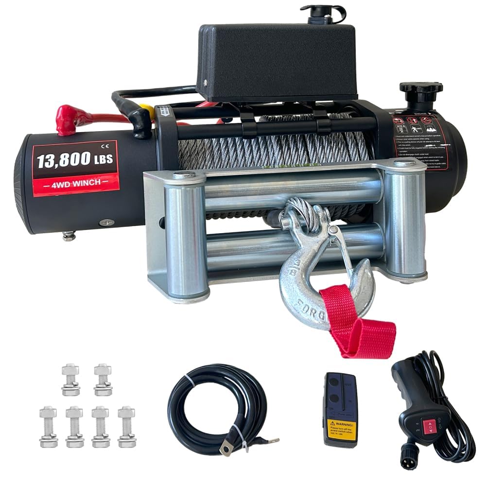 13,800 LBS Electric Winch, IP67 Waterproof 12v Truck Winch with 85Ft Red Synthetic Rope, Wireless & Wired Remote, Heavy Duty Power Winch for UTV, Off-Road, Towing, ATV & SUV