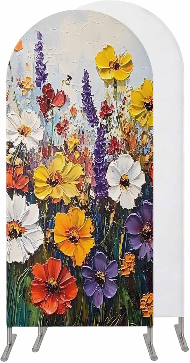 Jnbasdffb 6.6 Vintage Wildflowers Wedding Arch Cover, Stretchy Spandex Arch Backdrop Stand Covers FT, Oil Painted