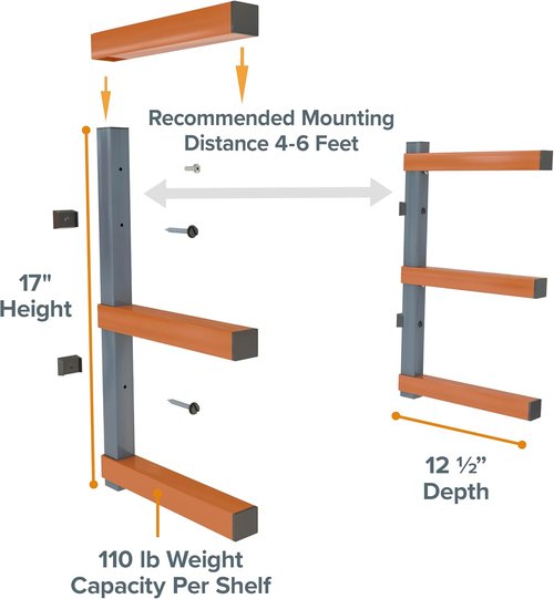 BORA 3-Level Wood Storage Rack - Heavy-Duty Wall-Mounted Shelf for Lumber | 300 lb Capacity, Orange/Black