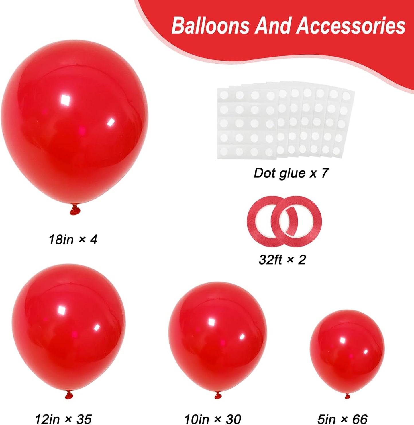 RUBFAC Red Balloons Set - 135 Pieces in Various Sizes for Garland & Arch | Perfect for Christmas & Birthday Decorations