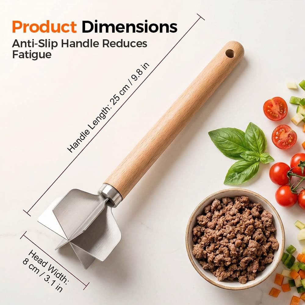Skiennix 304 Stainless Steel Meat Chopper - 6 Blade Ground Beef Masher with Wooden Handle | Versatile Kitchen Tool