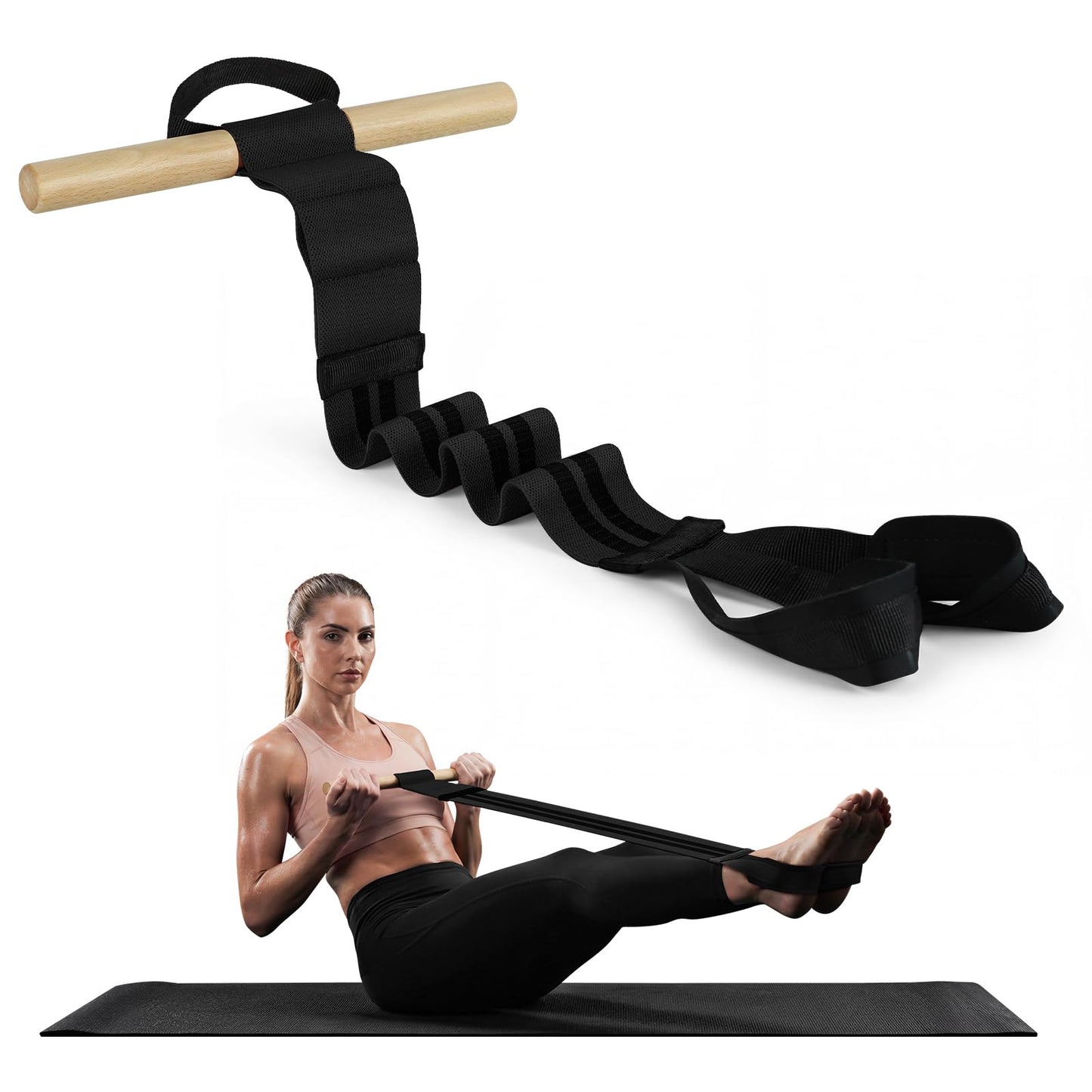 Pedal Resistance Bands with Handles, Upgrade Adjustable Manual Tension Training Pedal, Fabric Resistance Band with Wood Handles, Multifunction Fitness Bands for Abdomen, Waist, Arm, Leg (Black)