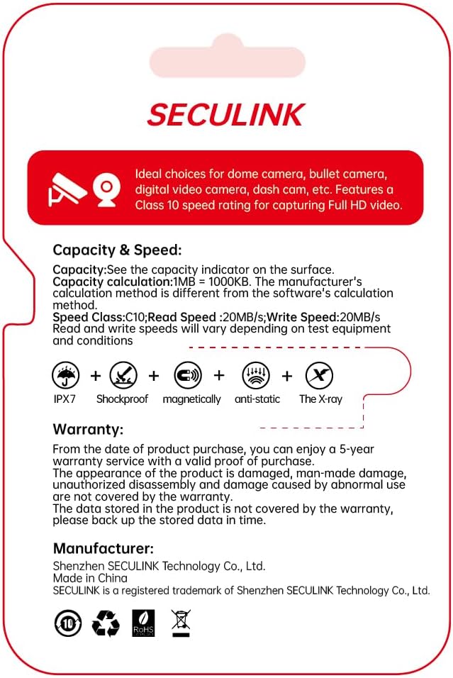 JOYNANO 64GB FAT32 10 24/7 SECULINK TF Memory Card Format Class High Speed Reading/Writing Recording for Security