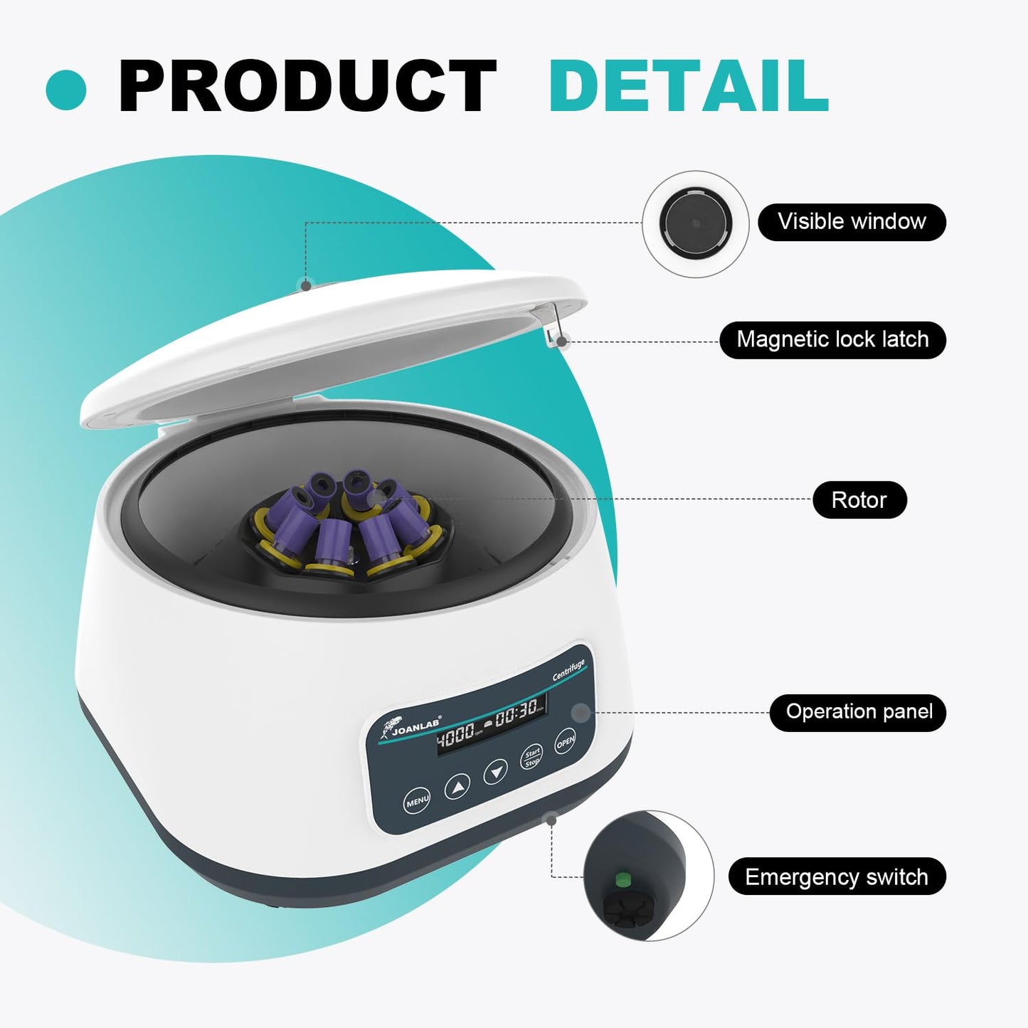 JOANLAB Lab Centrifuge Machine LC400 2ml/5ml/10ml x 8, 15ml x 4 Low Speed 500-4000rpm,1717xg RCF Digital Benchtop Centrifuges w/Timer
