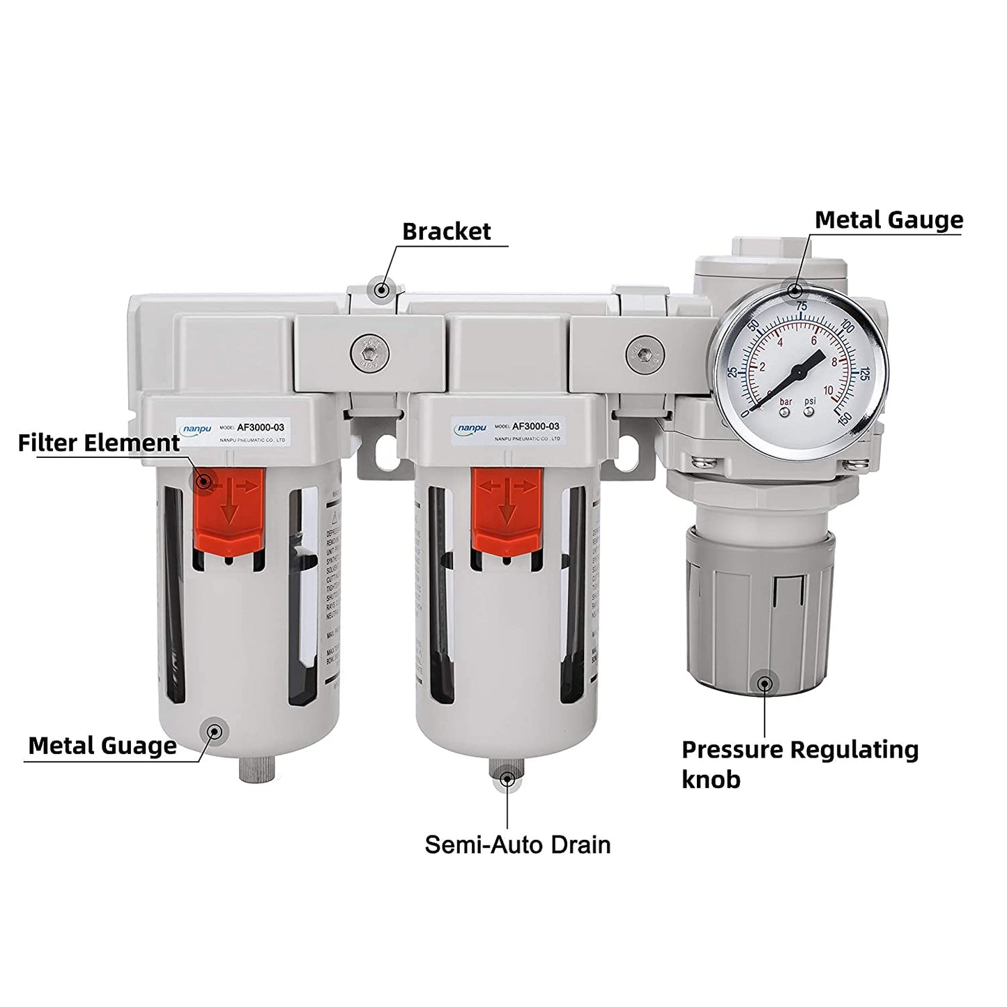 NANPU 1/2" NPT Air Drying System - Double Air Filters, Air Pressure Regulator Combo - Semi-Auto Drain, Poly Bowl
