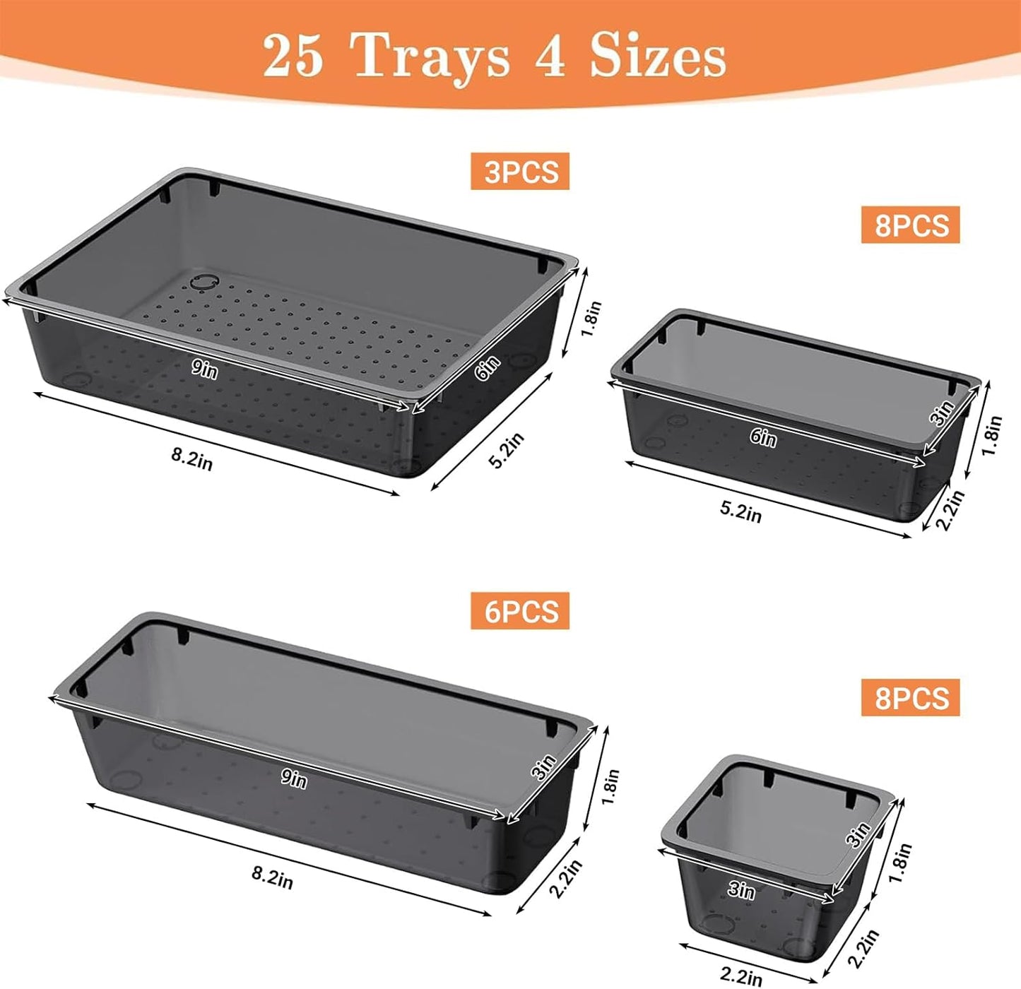 SpaceHacks 25 PCS Plastic Drawer Organizer Set - Versatile Tool Trays & Storage Bins for Makeup, Jewelry, Gadgets | Clear & Black
