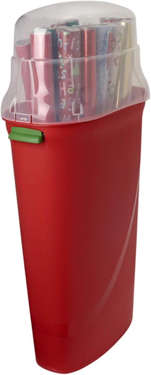 HOMZ Vertical Gift Wrap Storage Organizer - 2-Pack Red & Clear Plastic Bins for Holiday Wrapping