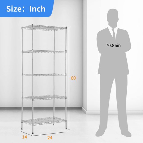 BestOffice | Heavy-Duty 5-Tier Wire Storage Shelves | Chrome | 14x24x60 | Holds Up to 750 lbs | Easy No-Tool Assembly