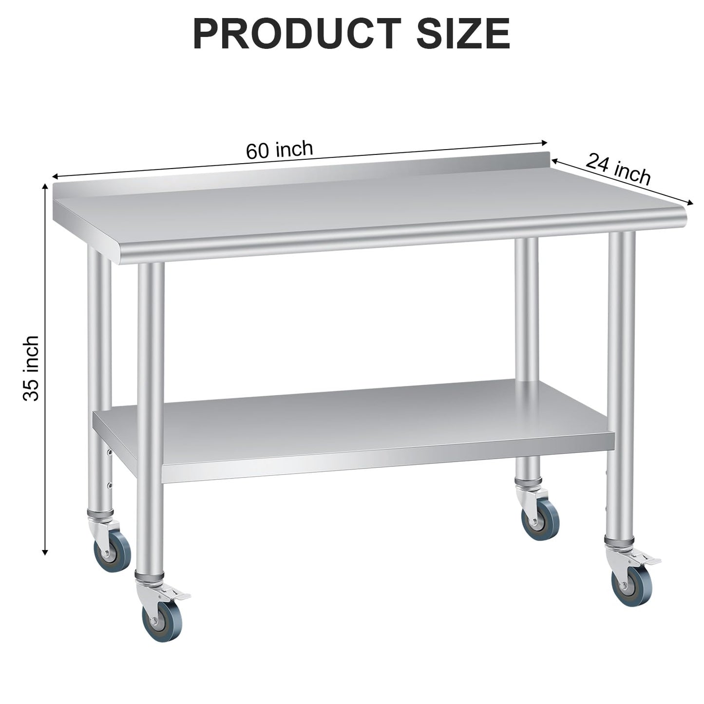60 x 24 Inch Stainless Steel Prep Table, Heavy Duty Commercial Work Table with 4 Caster Wheels, Adjustable Undershelf & Rounded Corners, Metal Kitchen Workbench for Restaurant, Garage and Outdoor