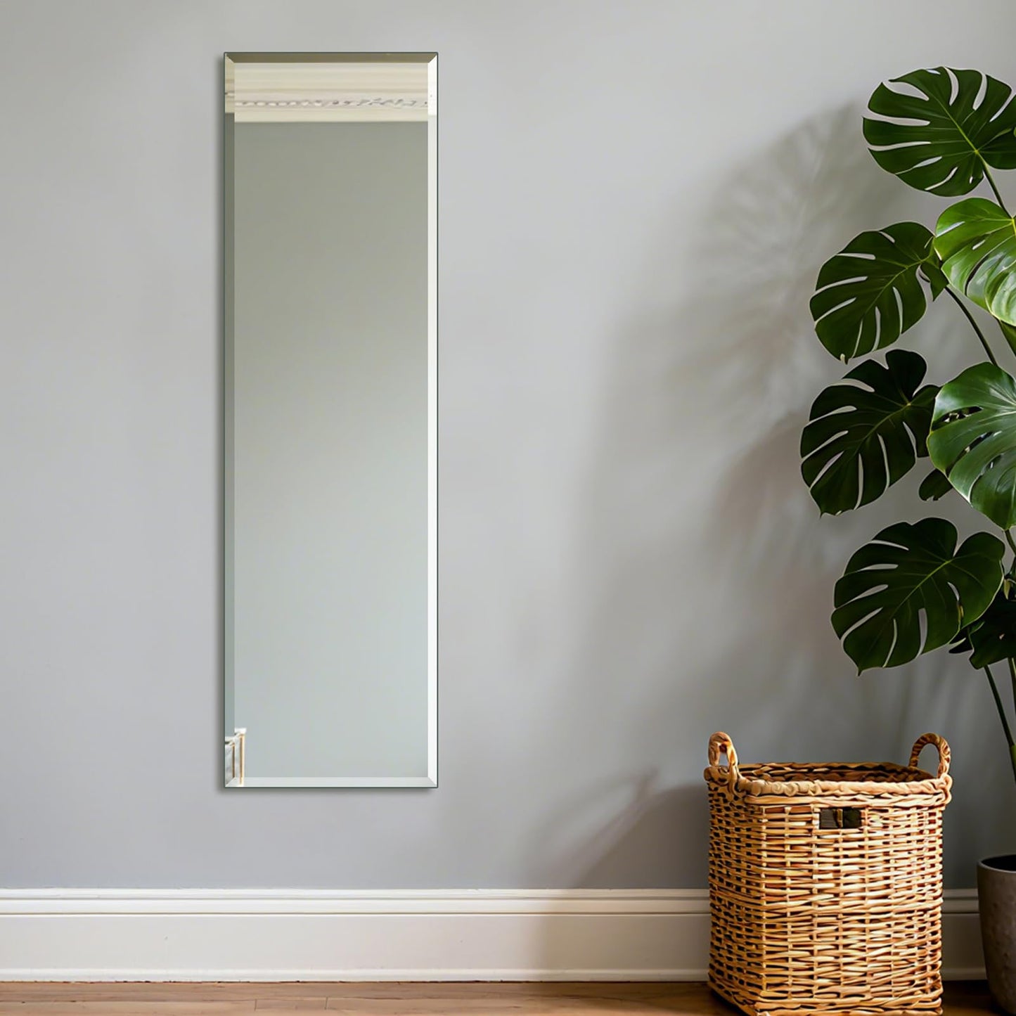 Ruomeng Frameless Full Length Mirror for Wall, 48x14 Inch Bathroom Vanity Mirror Farmhouse, Large Rectangle Mirror with Beveled Edge, Tempered Glass, Hangs Horizontally or Vertically