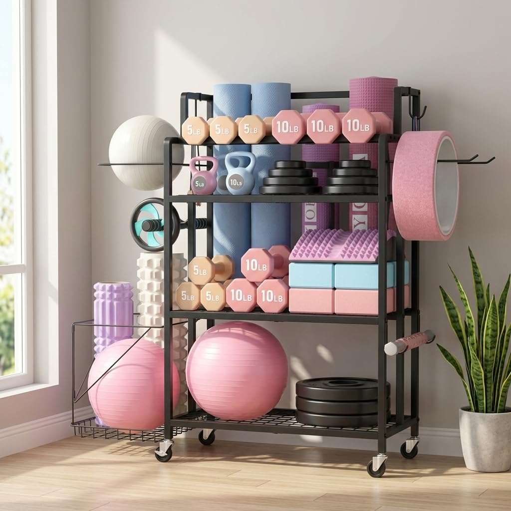 GloCryp Home Gym Storage Rack, Multi-functional Workout Equipment Storage for Dumbbells, Kettlebells & Yoga Mats, Heavy Duty Weight Rack for Home Garage Gym, Rolling Fitness Equipment Organizer with Hook