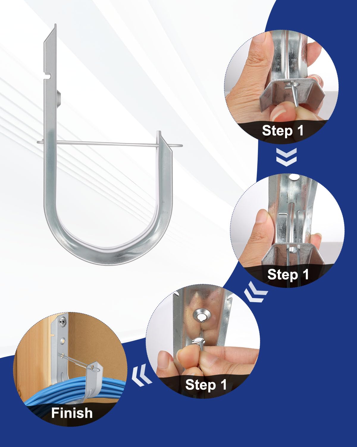 AOKLIT 2" Galvanized Steel J-Hooks, Heavy Duty Wall Mount Cable Support J Hook with Retainer Clip for Cable Management (50 PCS)