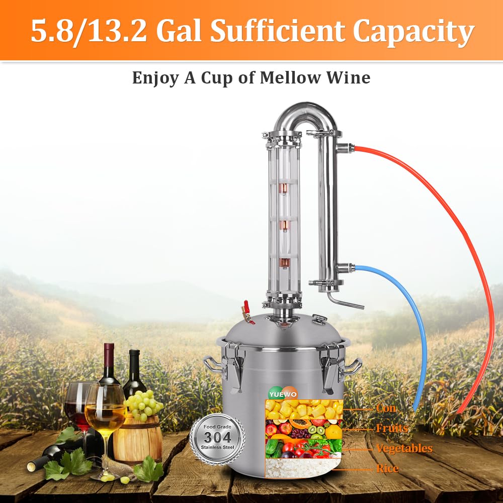 YUEWO Alcohol Still 5.8GAL/13.2GAL Stainless Steel Alcohol Distiller Home Brewing Distillery Kit with 2” Crystal Still Column for DIY Whisky Wine Brandy Gin Vodka Alcohol Making
