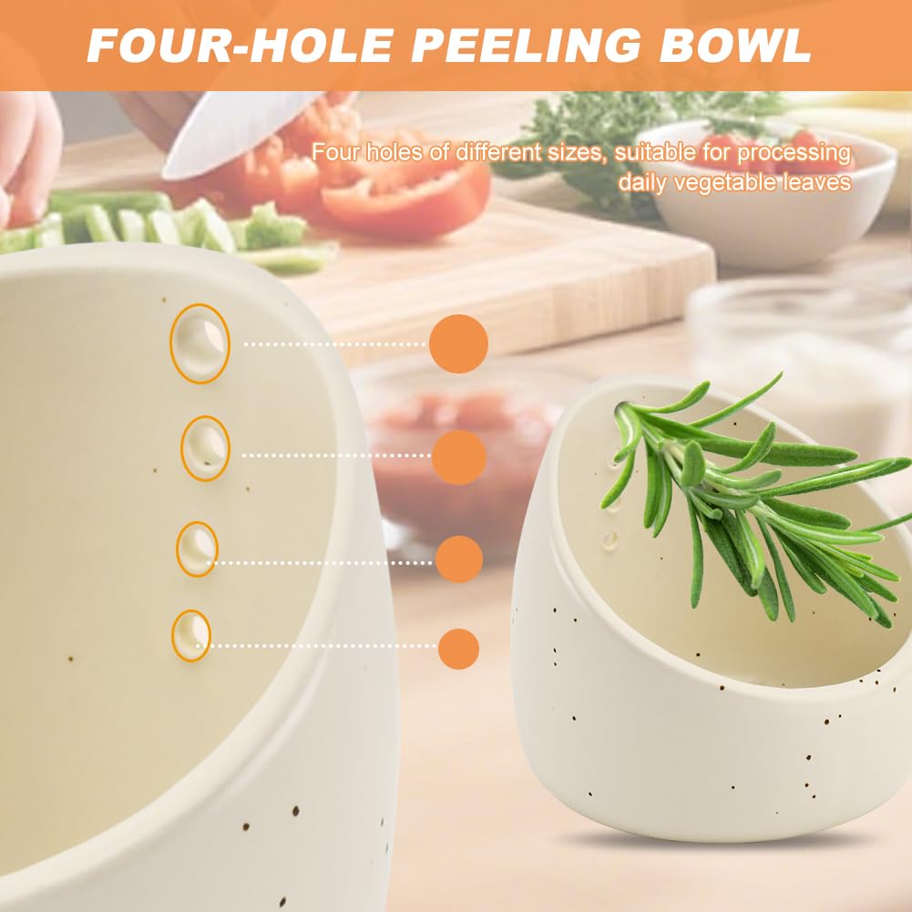 Trasylph Pottery Herb Stripper Bowl, Upgrade Handmade Ceramic Herb Peeling Bowl, Different Round Hole Sizes Suitable for Peeling Off The Leafy Assembly(COLOR:White)
