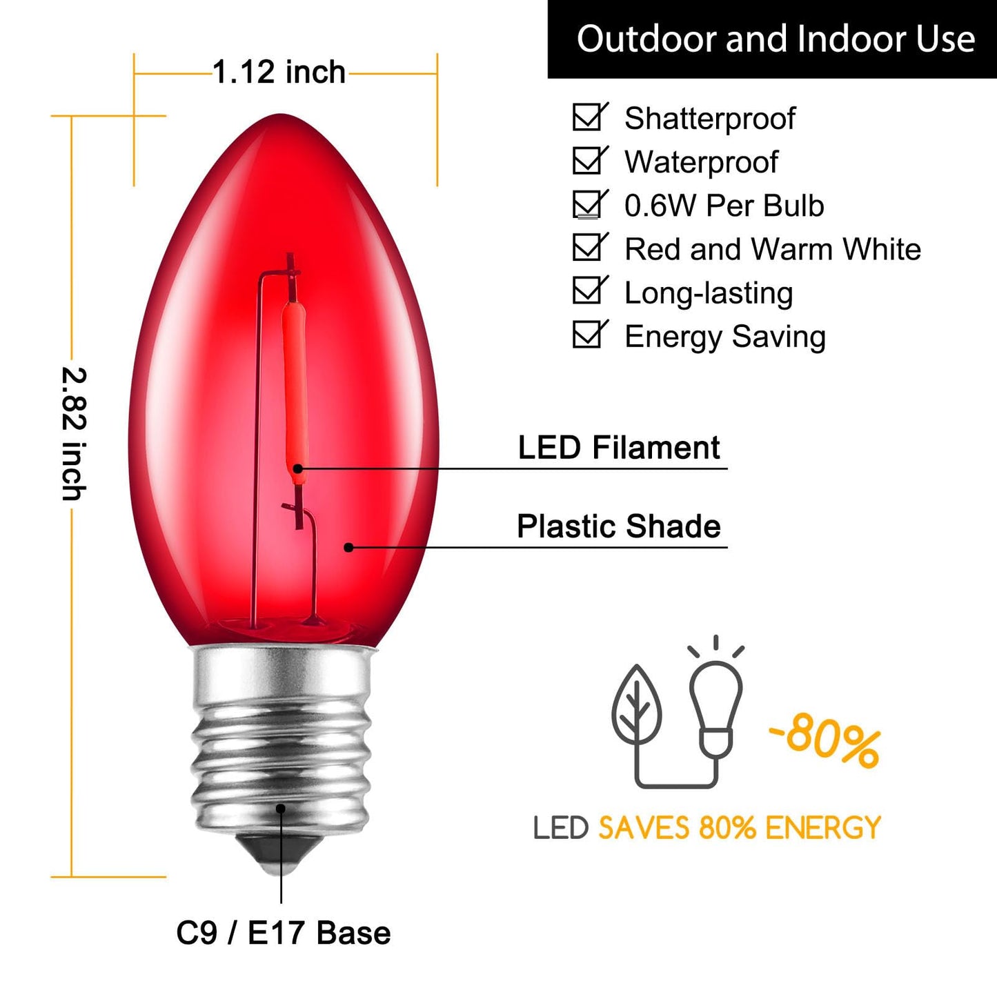 Minetom C9 LED Christmas Light Bulbs, 25 Pack Shatterproof, Red & Warm White, E17 Base, Dimmable Replacement for String Lights