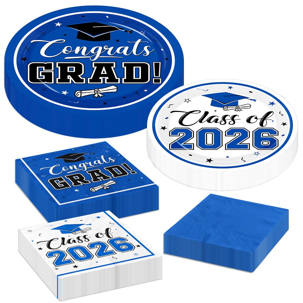 Graduation Party Plates and Napkins Blue Class of 2026 Grad Congrats Party Supplies Disposable Dessert Paper Plates Cocktail Napkins forGraduation Party Decorations,Serve 50