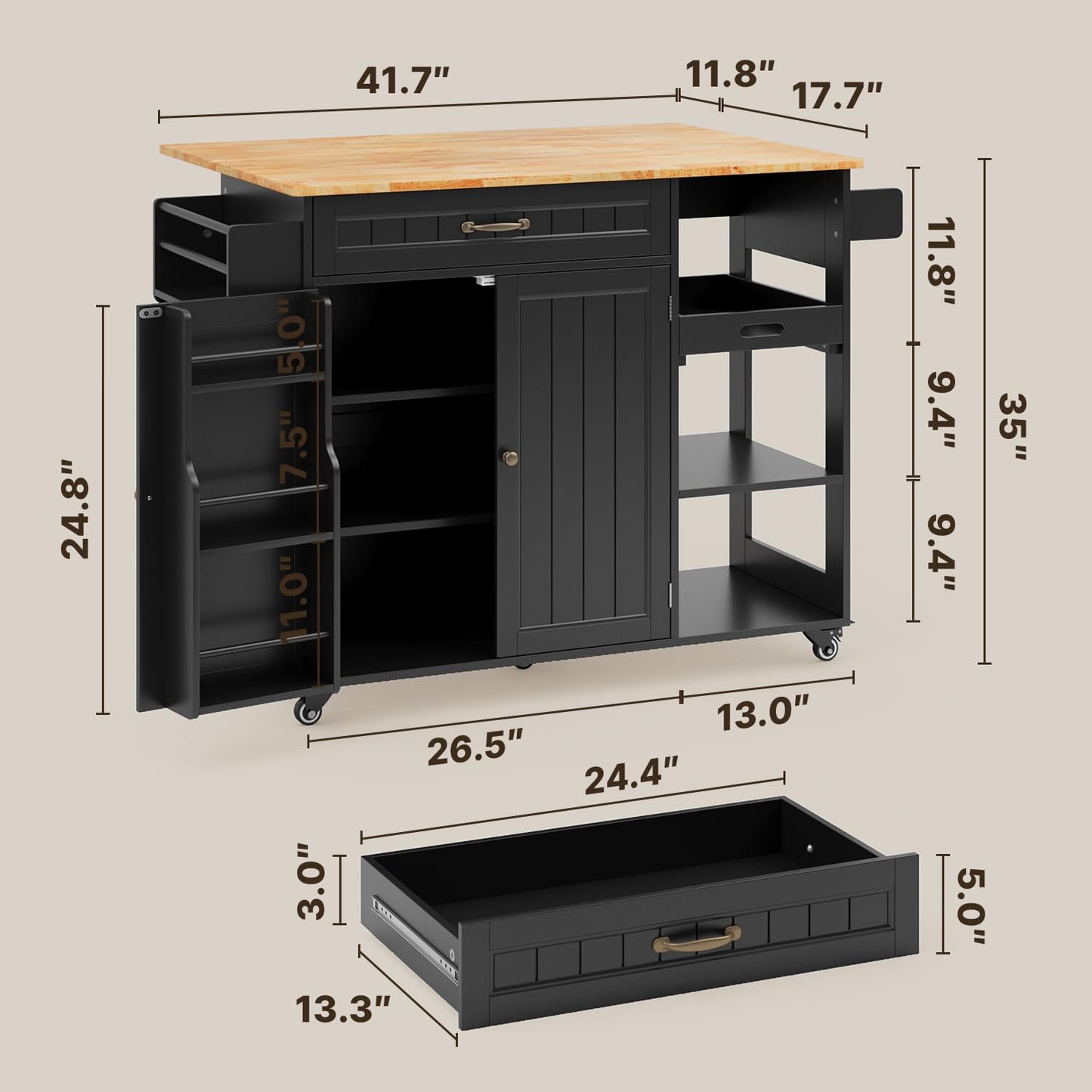 Gizoon Kitchen Island with Storage, Kitchen Island with Drop Leaf, 41.7’’W Rolling Dining Cart, Foldable Countertop, 5 Wheels, Refrigerator Door, Adjustable Shelves, Spice/Towel Rack, Black