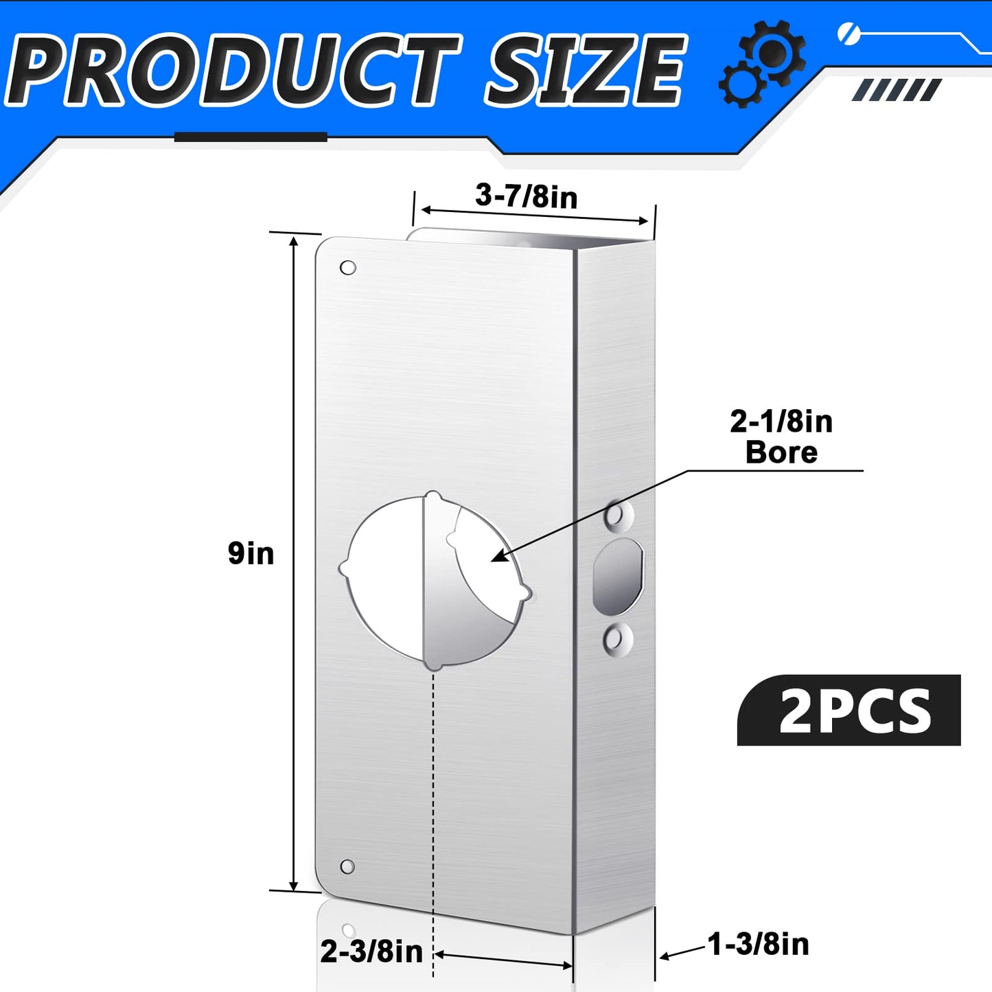 Dunzy 4 Pack 1-3/8 Inch x 9 Inch Door Reinforcement Plate 2-1/8" Thick Stainless Steel Lock and Door Reinforcer Security to Repair Home Wood Metal Knob/Lock/Latch/Deadbolt, Silver