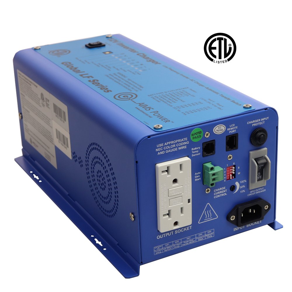 AIMS Power 600 Watt 12 VDC Pure Sine Inverter Charger 120 VAC Output 20A Charger 7A Transfer Switch ETL Cert to UL458 Standards PICOGLF6W12V120VETL
