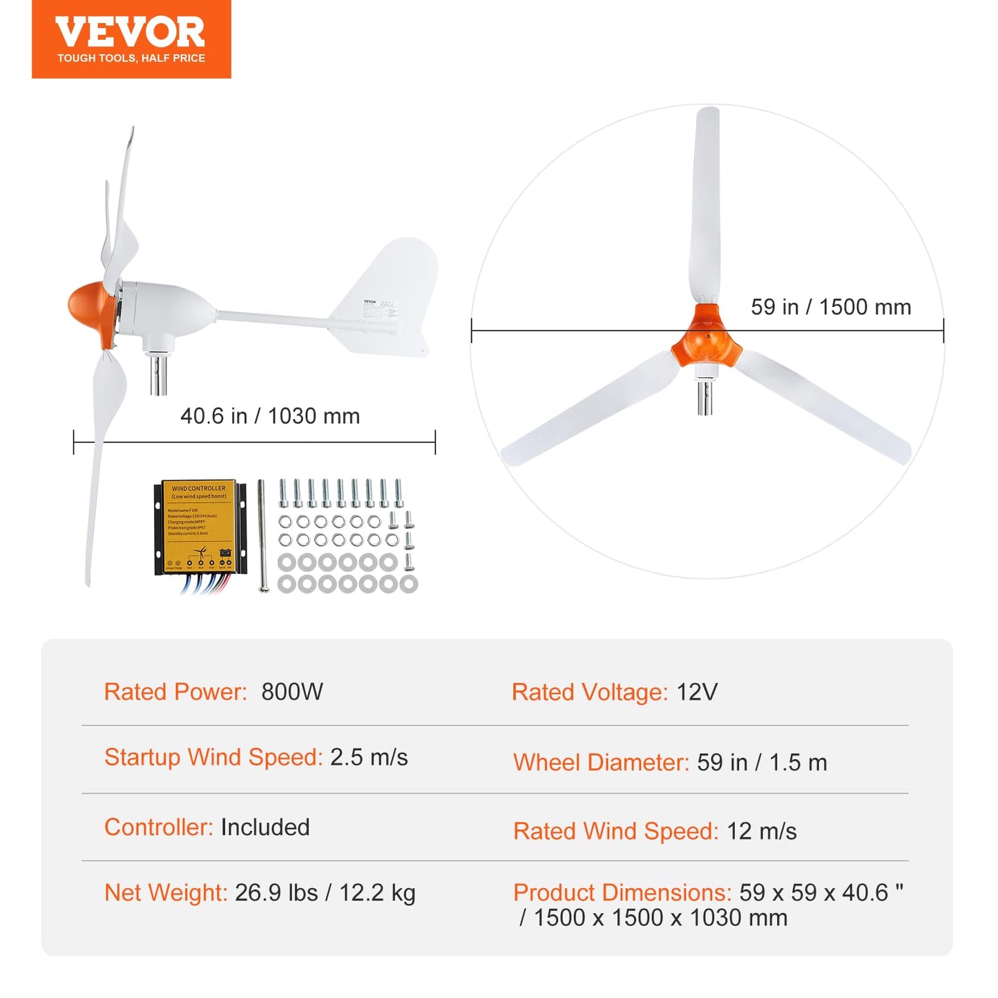 VEVOR 800W Wind Turbine Generator, 12V Wind-Turbine Kit, 3-Blade Power Generator with MPPT Controller & 2.5m/s Startup Speed, Suitable for Home, Farm, RVs, Boats (Tower Pole Not Included)
