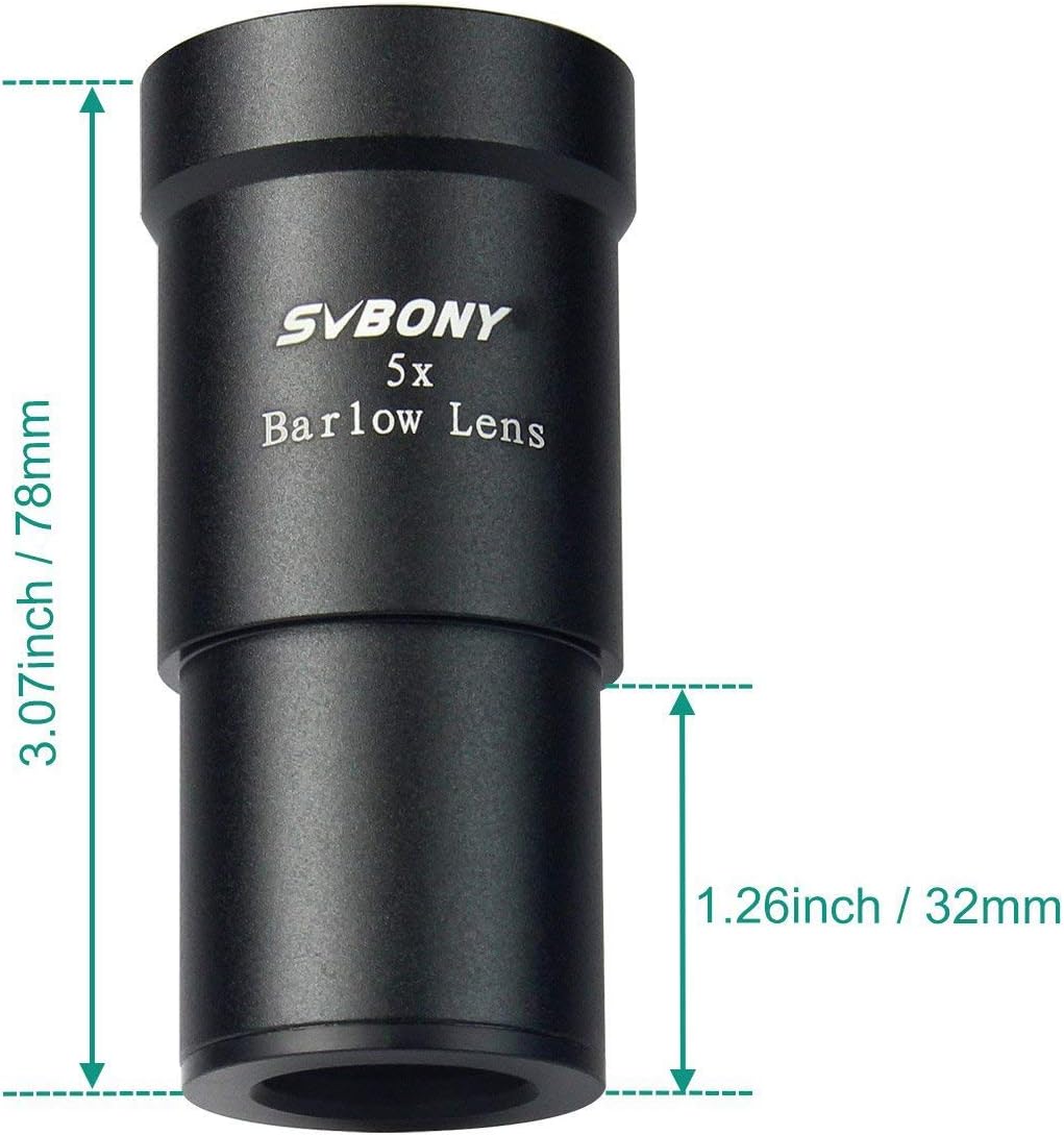 SVBONY 5X, 1.25 Inch 5X Telescope Barlow Lens Telescope Accessory, Fully Multi Coated Broadband Green Film Barlow Lens