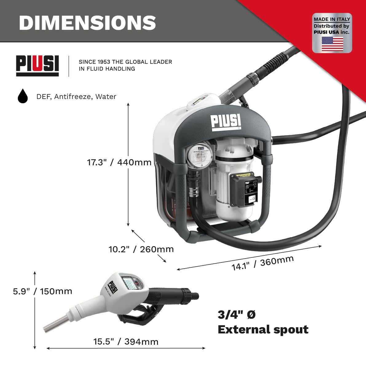 Piusi THREE25 DEF Transfer Pump Kit 9 GPM Equipped with Filter, 19 ft Discharge Hose, Automatic Nozzle with Meter Specifically Designed for IBC Tanks (AC 120V)