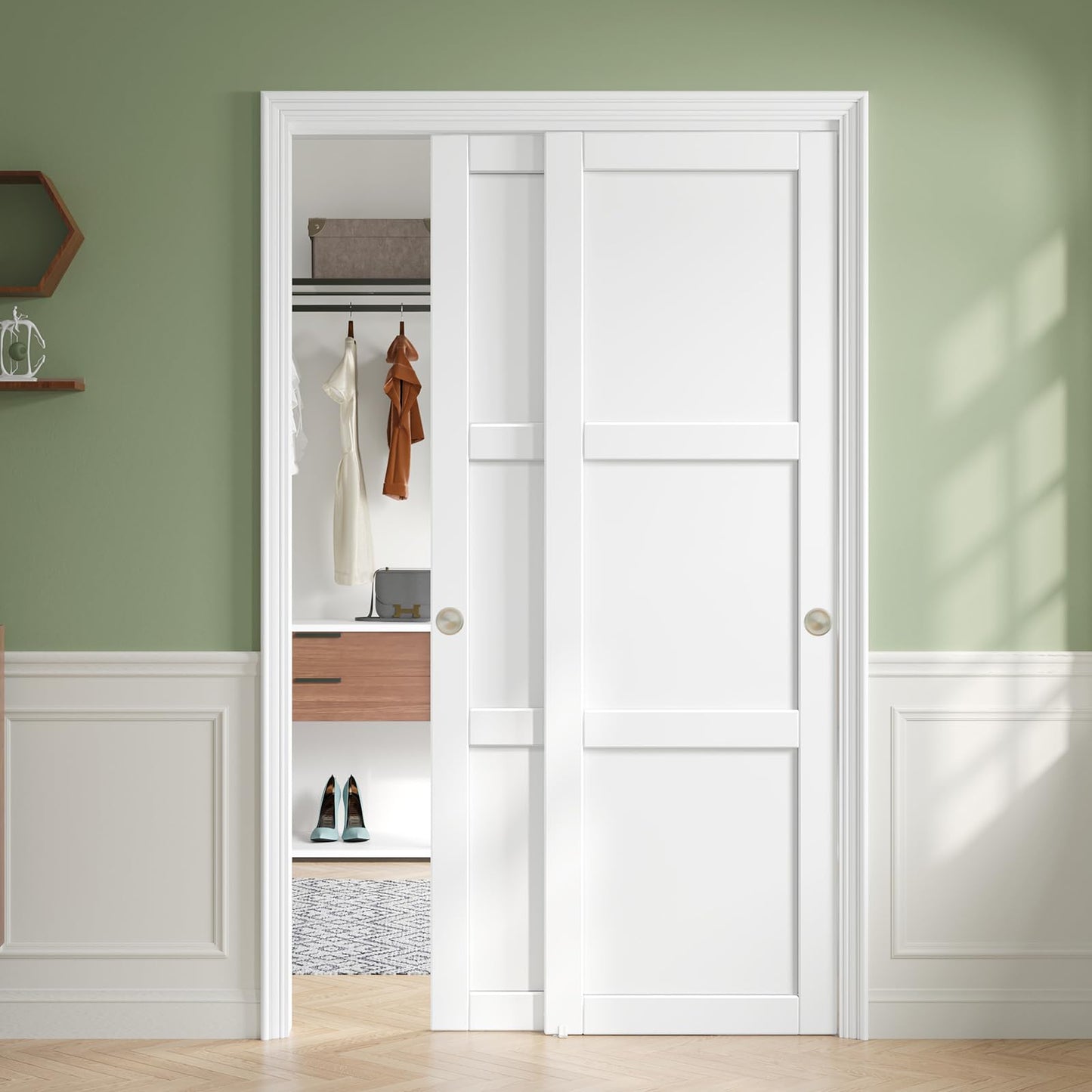 CEAKIAN 48"x80"(Double 25"x80") Sliding Closet Door,3 Panel Sliding Door with Hardware Kit for Bedroom,Preassembled Door Panels with Solid MDF Wood Slab & Water-Proof PVC Surface,Pocket Doors,White