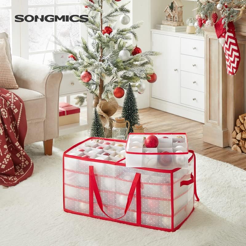 SONGMICS Christmas Ornament Storage Box - 128 Slots for 3-Inch Balls | Durable Plastic with Dual Zippers, Cherry Red