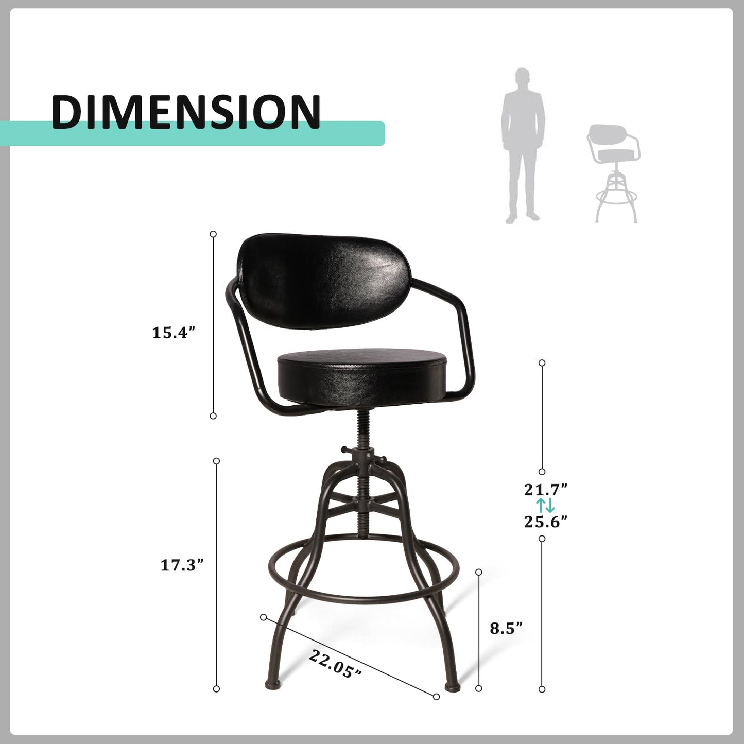 BOKKOLIK Industrial Office Chair with Backrest 21.7-25.6inch Height Adjustable Vintage Bar Stool with Swivel PU Seat Rustic Drafting Drawing Chair for Workbench Office Desk