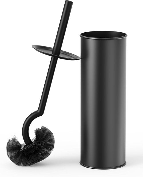 Cesun Toilet Brush Set - Curved Design for Deep Cleaning | 304 Stainless Steel Holder, Black, 2 Replaceable Heads