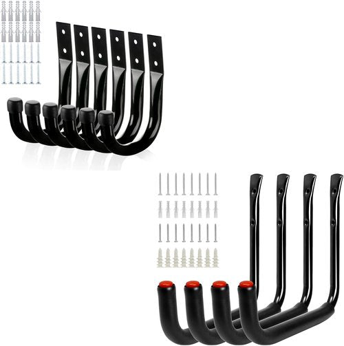 KURUI Heavy Duty Garage Hooks - 14Pcs J-Shape Carbon Steel & Plastic Wall Mount Storage | Black