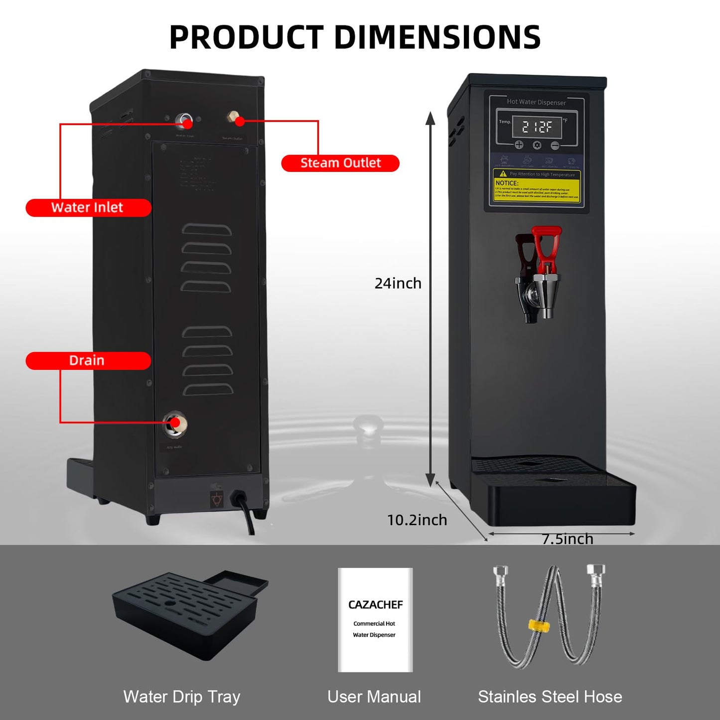 Commercial Hot Water Dispenser Commercial Water Boiler Electric Countertop Hot Water Machine Black 25L(6.6GAL)/Hour Step-heating 86-212°F Adjustable for Boba Tea Coffee Office Restaurant 1600W