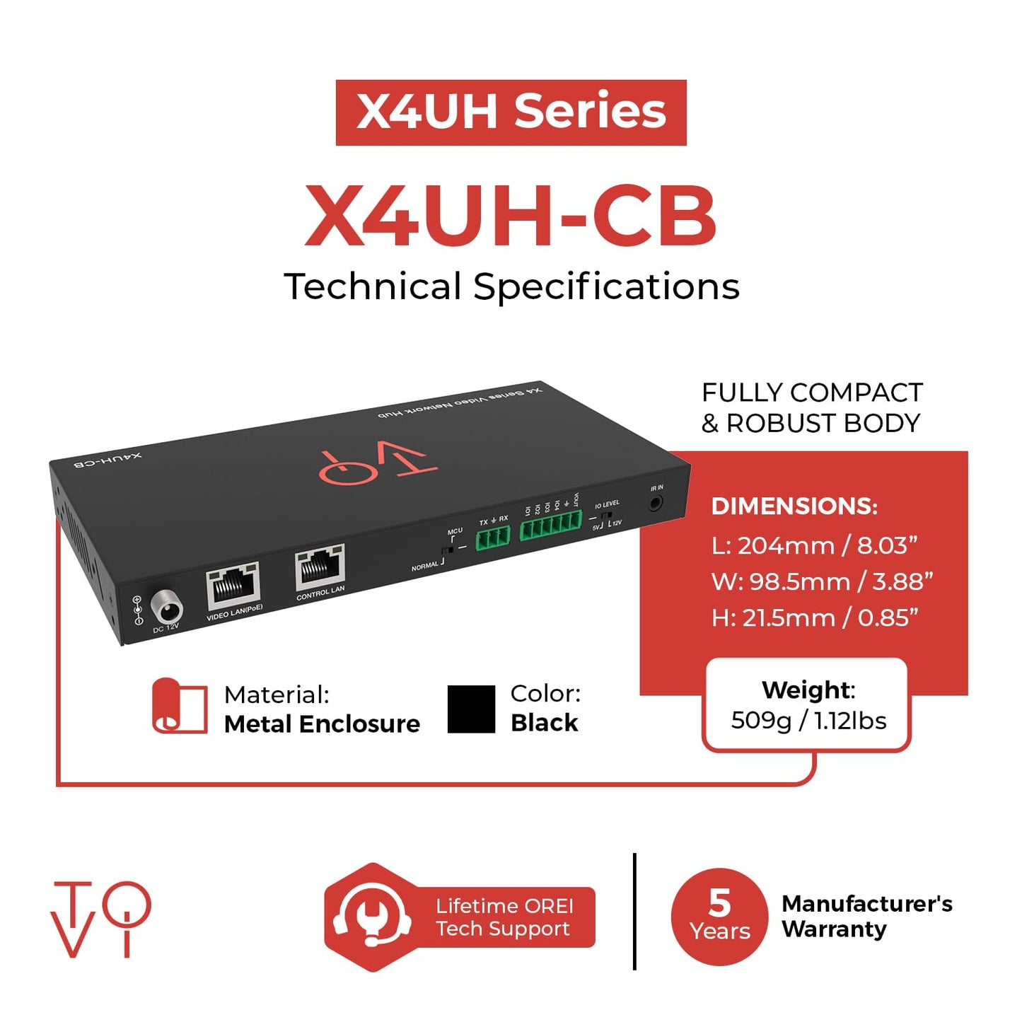 ToVi X4UH-CB AV Over IP Network Hub with Dual LAN Ports, RS-232 IR KVM CEC Control, PoE, HTTPS/SSH Security, Web GUI Management for AV Distribution