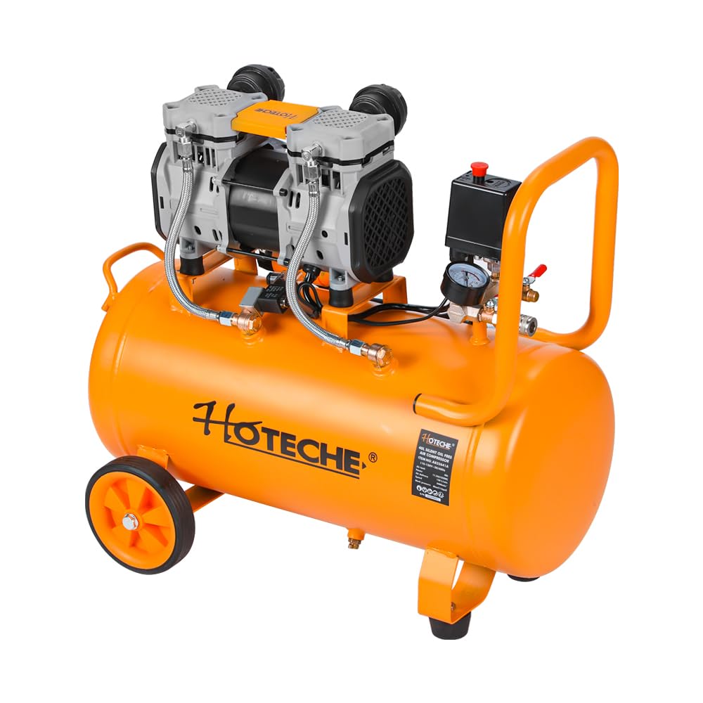 HOTECHE 10.5 Gallon Silent Oil-Free Air Compressor, 115 PSI 1.8HP High Pressure Ultra Quiet Electric Air Pump with Dual Cylinders, 150L/Min High Flow for Home Garage, Workshop, Painting & Air Tools