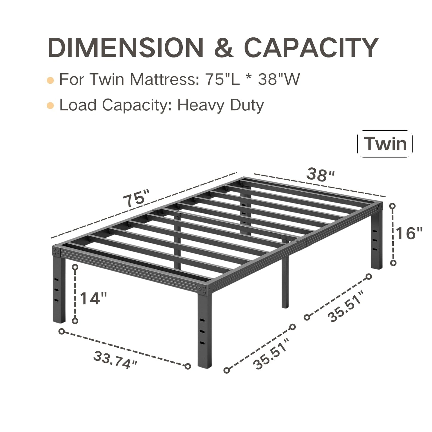 COMASACH Twin Size Bed Frame 16" Tall Heavy Duty, Metal Platform Bed Frame,Sturdy Steel Frame,No Box Spring Needed,Noise-Free,Easy Assembly
