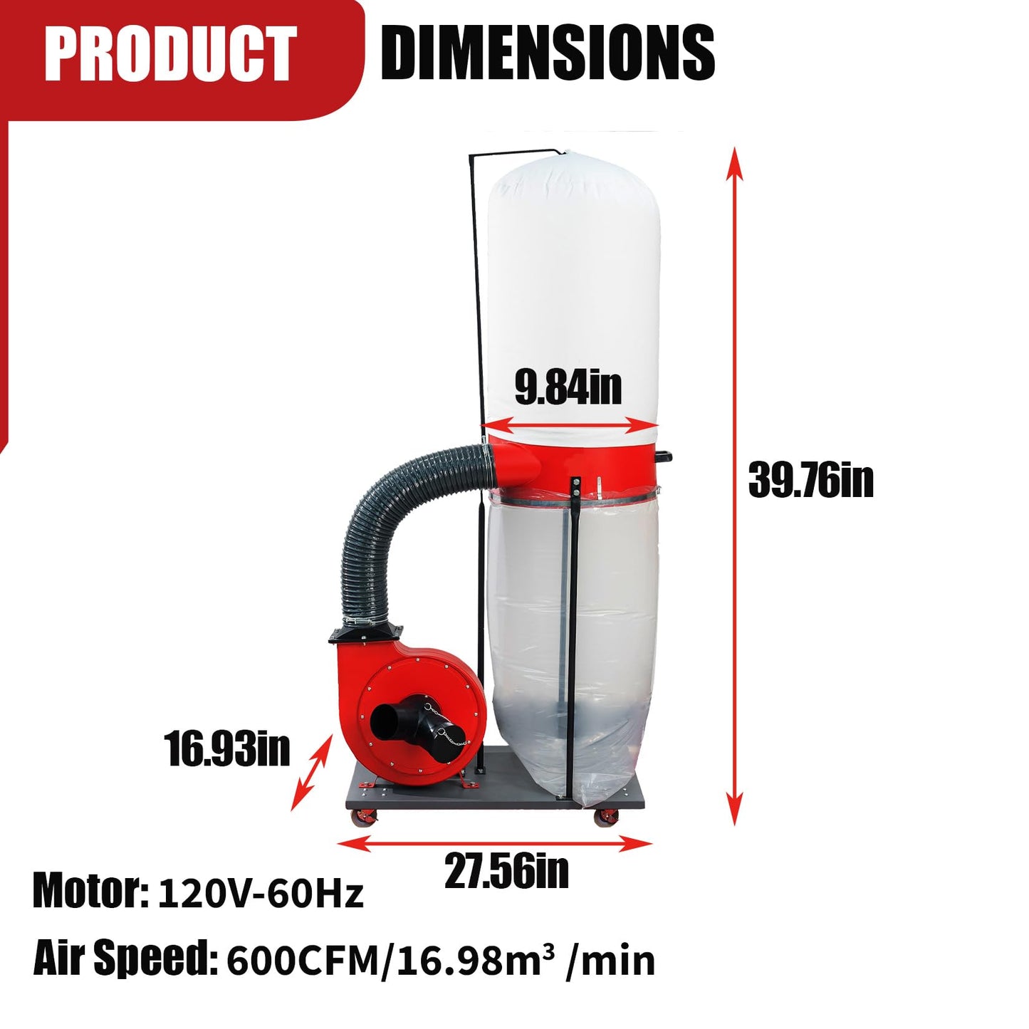 1500W Vertical Industrial Dust Collector with 50-Gallon Collection Bag and Mobile Base, Heavy-Duty Workshop Cleaner for Carpentry and Woodworking
