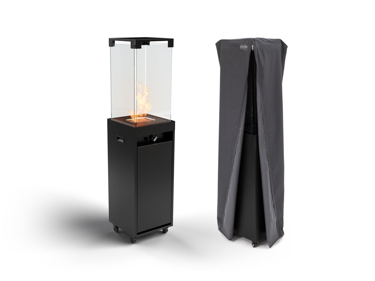 Planika Faro 41,000 BTU Propane Patio Heater 59" Modern Freestanding Glass Tower with Wheels, Smokeless 360° Flame, Cover & Regulator Included for Commercial & Residential Outdoor Spaces