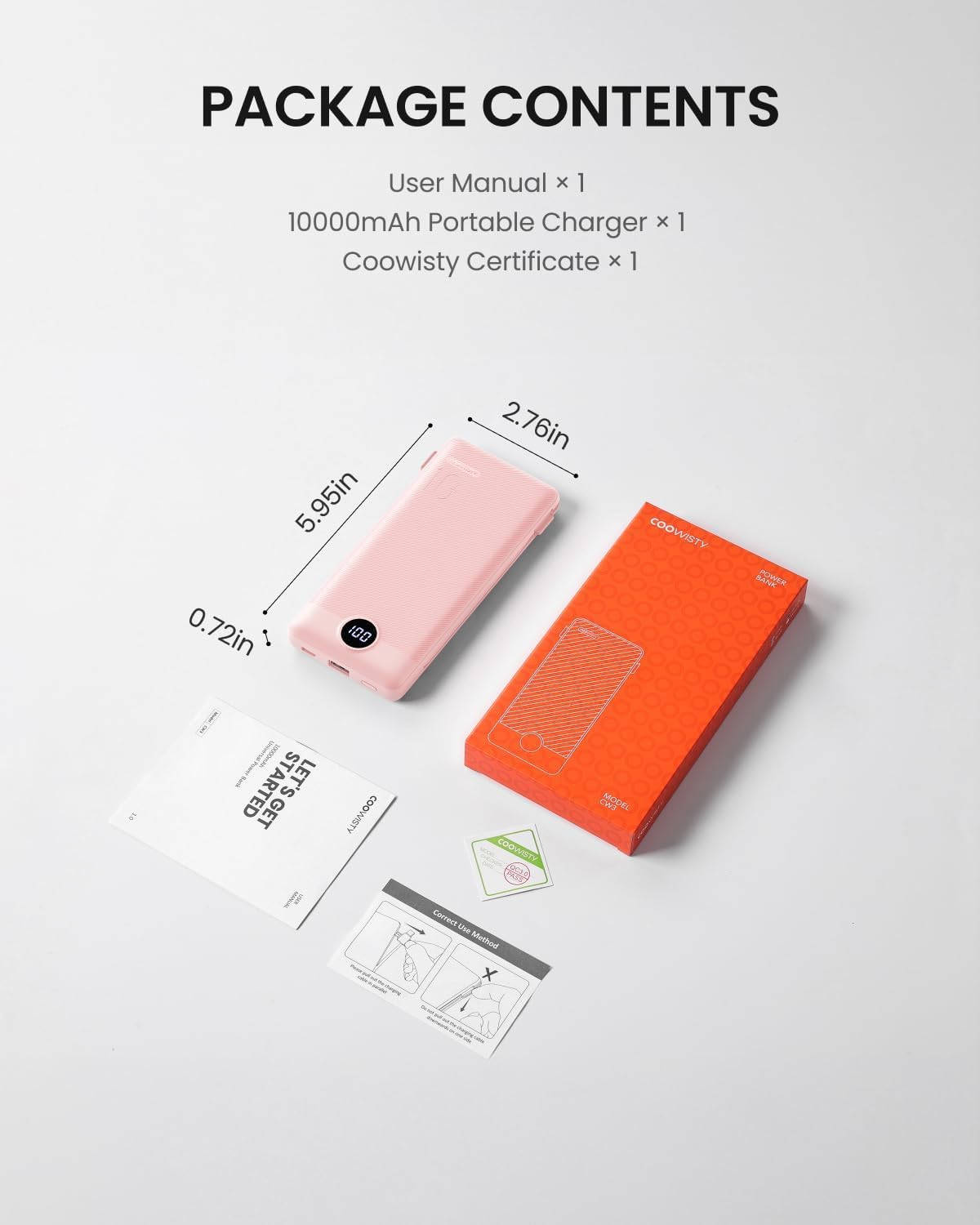 Coowisty 10000mAh Pack Portable Charger Built-in Cables and Wall Plug, Slim USB C Power Bank, LED Display External