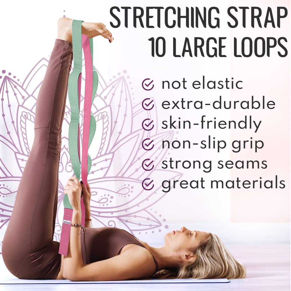 [NEW 2023] TECEUM Yoga Stretching Strap 10 Loops Non-Elastic Strap - Home Workout Stretch Strap for Physical Therapy, Yoga, Pilates cttn 1.5 in LM