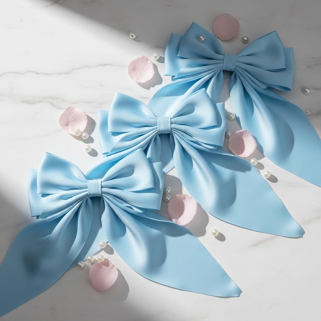 Skiennix Jumbo Silky Satin Bow Clip Hair Barrettes - Light Blue Large French Hairpins for Girls