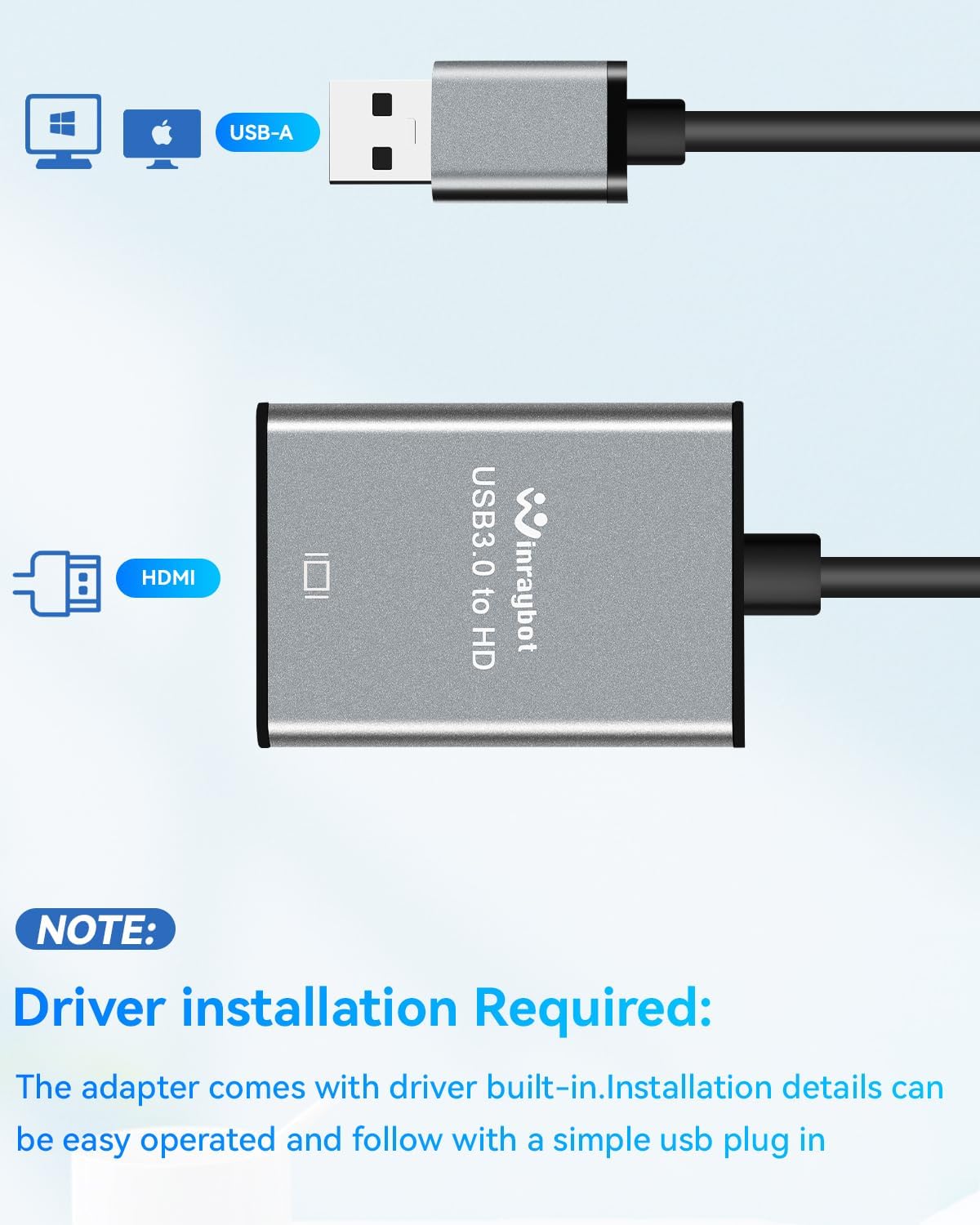 WinRaybot 1080P@60Hz 5Gbps 7/10/11, 10.15+, USB to HDMI Adapter for Monitor Display with High Speed Transmission