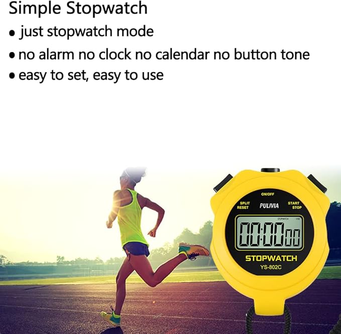 Digital Stopwatch Timer Only Stopwatch with ON/Off, NO Bell No Whistle Silent Basic Operation Children Friendly, PULIVIA Sport Stop Watch for Coaches Kids Swimming Running