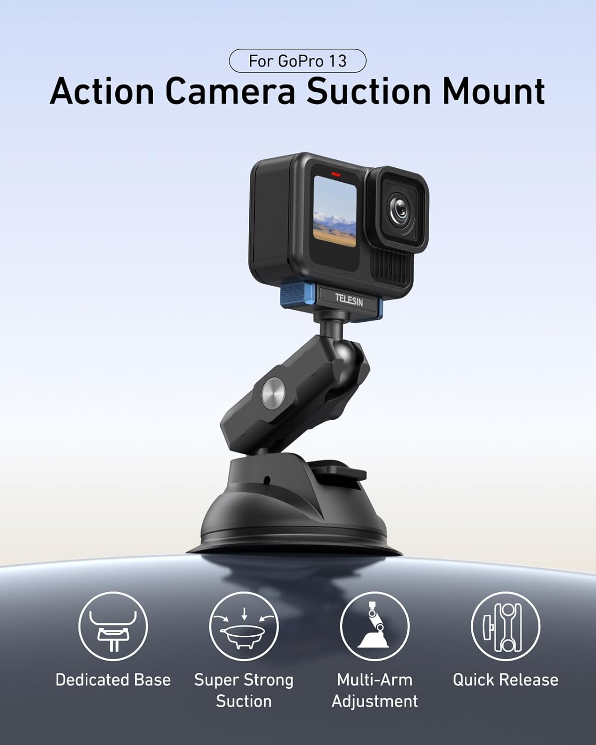 TELESIN 13 360 Suction Cup Car Mount for GoPro Strong Magnetic Base, Dual Ball Head Adjustable Arm, Easy Install Camera