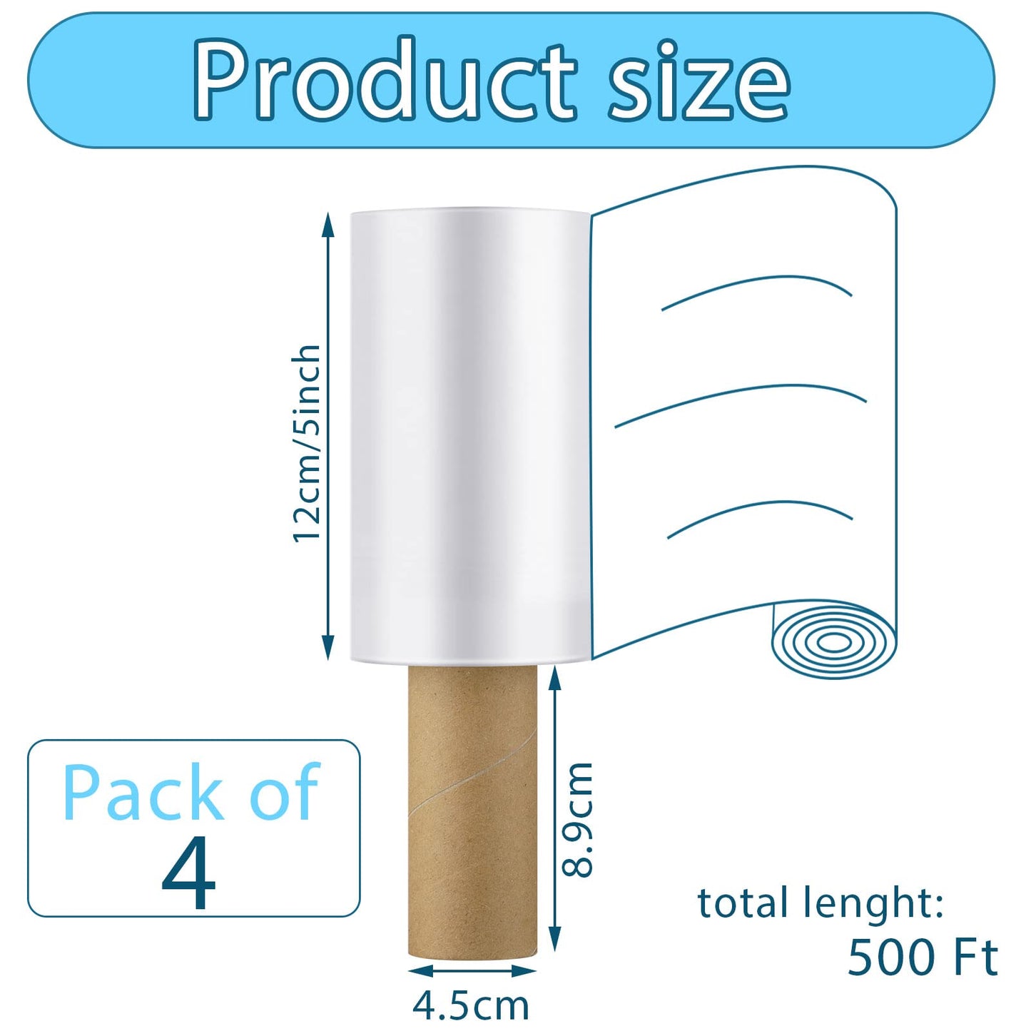 Outus 4 Pack Wrap Plastic Film with Handle Plastic Bags for Ice Tattoo Wrap Suitable for Athletic Trainers to Hold Ice Packs in Place for Moving Supplies Stretch Shrink Film, 5 Inch x 500 Ft Each