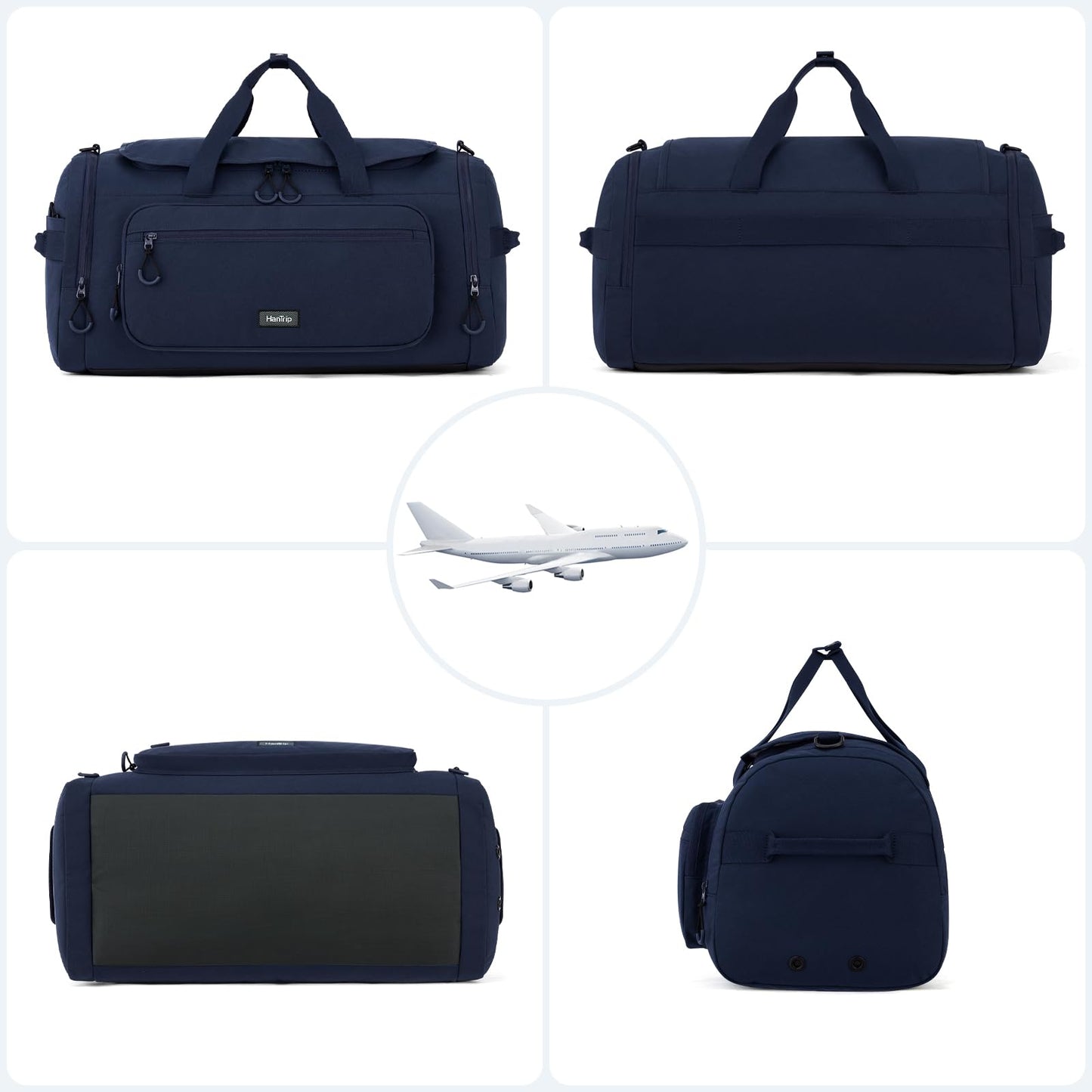 HanTrip Large Travel Duffle Gym Bag with Shoe Compartment, Underseat Carry On Luggage Overnight Weekender Personal Item Workout Bags for Women Men (Navy Blue)