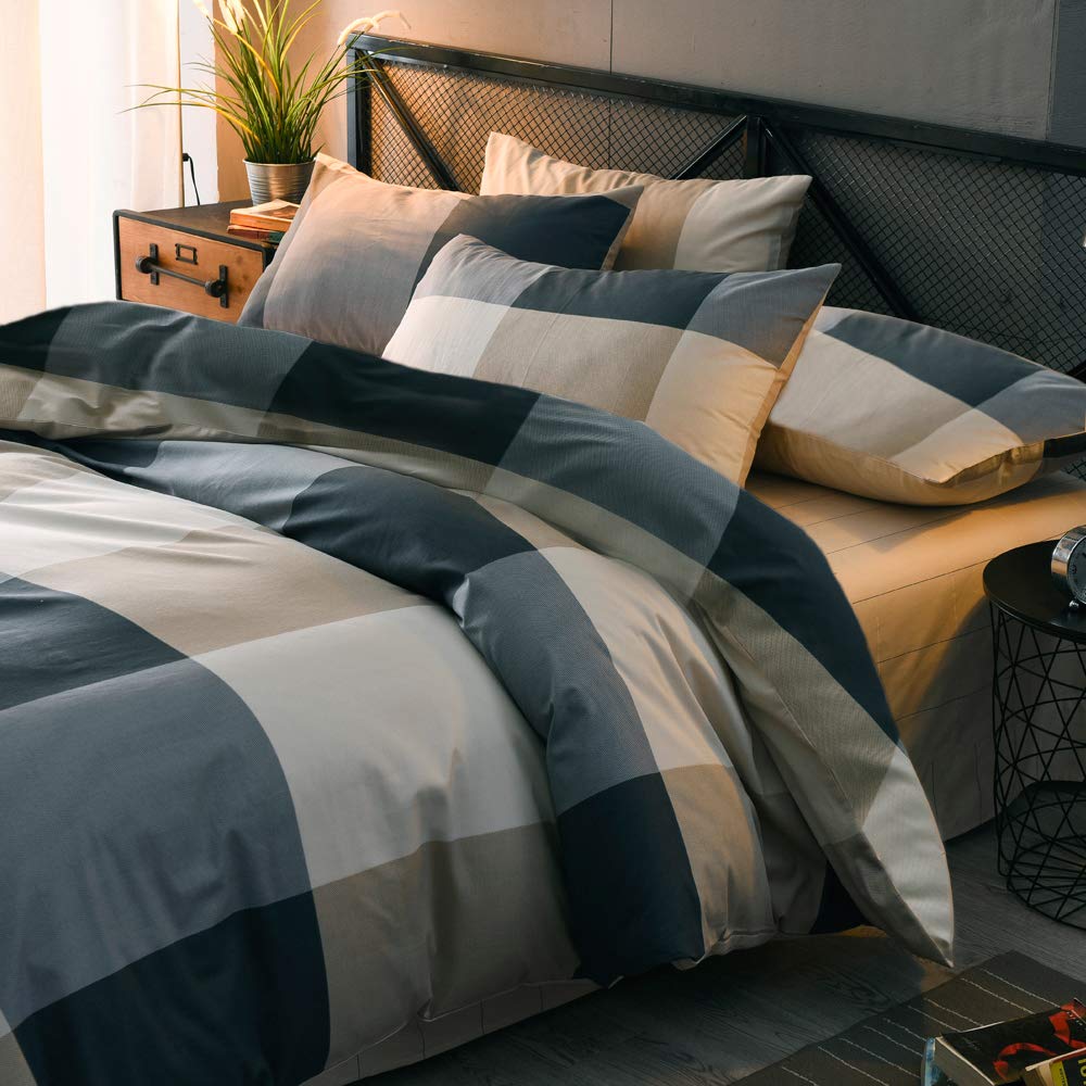 MKXI Plaid Comforter Set Queen Size, Geometric Checkered 3 Pieces Bedding Set Men Boys, Modern Style Comforter with 2 Pillow Shams All Season Soft Fluffy Bedding Set-(Tan,Dark Blue Grey,Khaki)