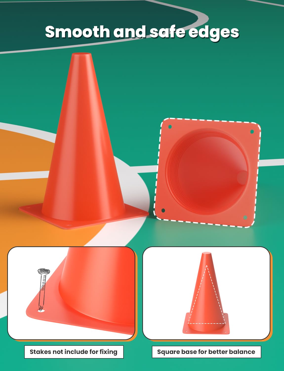 GHB 9 Inch Soccer Cones 12 Pack Disc Soccer Sport Cones Training Field Marker Agility Cones for Basketball, Coaching, Practice Equipment Includes Drills Guide (9" 12Pcs Orange)