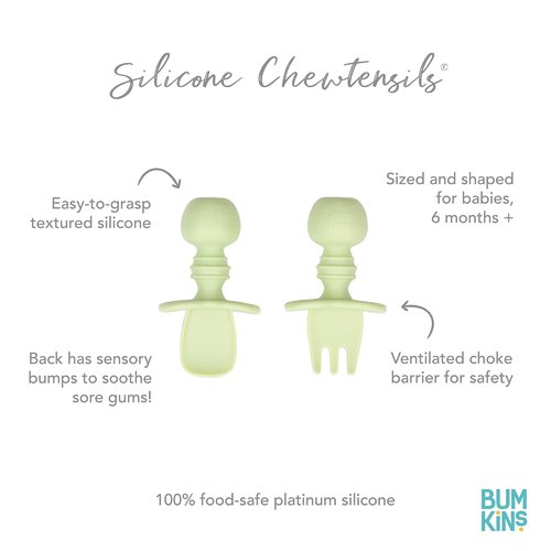 Bumkins Baby Utensils Set - Chewtensils Silicone Spoons & Fork for Self-Feeding | Sage Green, 6 Months+