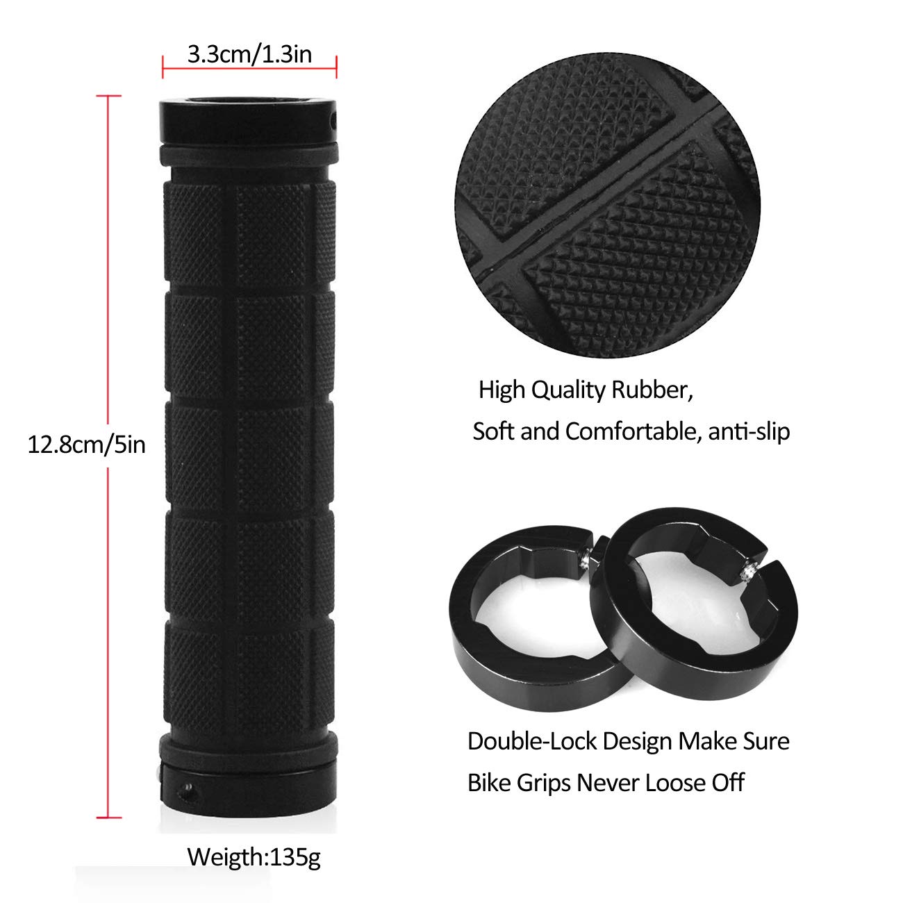 PLATT Bike Handlebar Grips Rubber Comfortable Bicycle Handle Grip for MTB/BMX with Plastic End Caps (Black A)