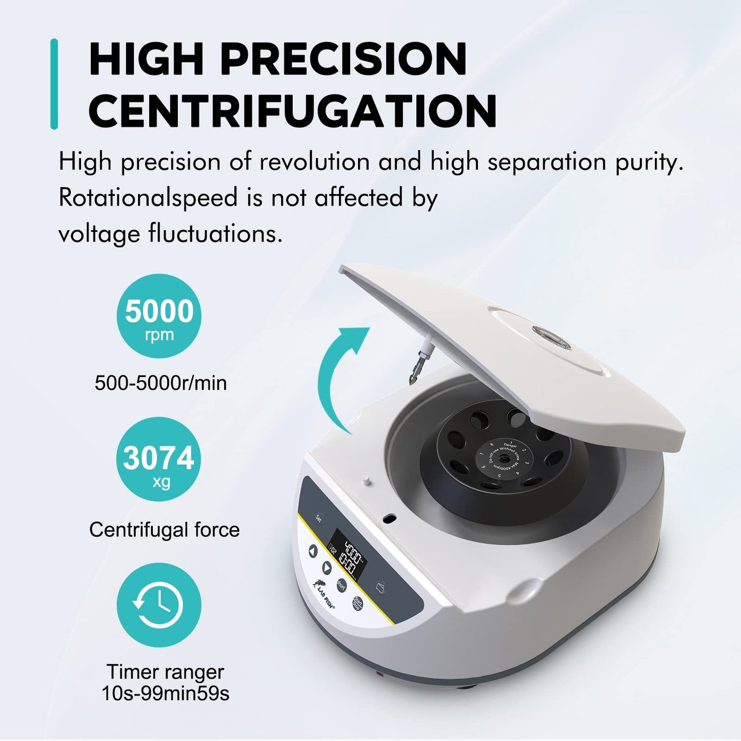 LAB FISH Lab Benchtop Centrifuge Machine 8 x 2ml/5ml/10ml/15ml Capacity Test Tubes,Low Speed 500-5000r/min,Max 3074xg RCF